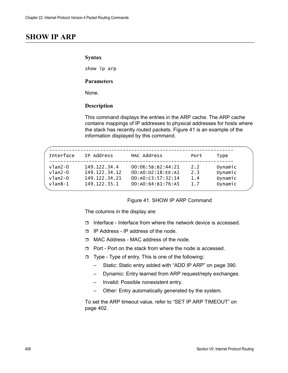 Show ip arp | Allied Telesis AT-S63 User Manual | Page 408 / 468