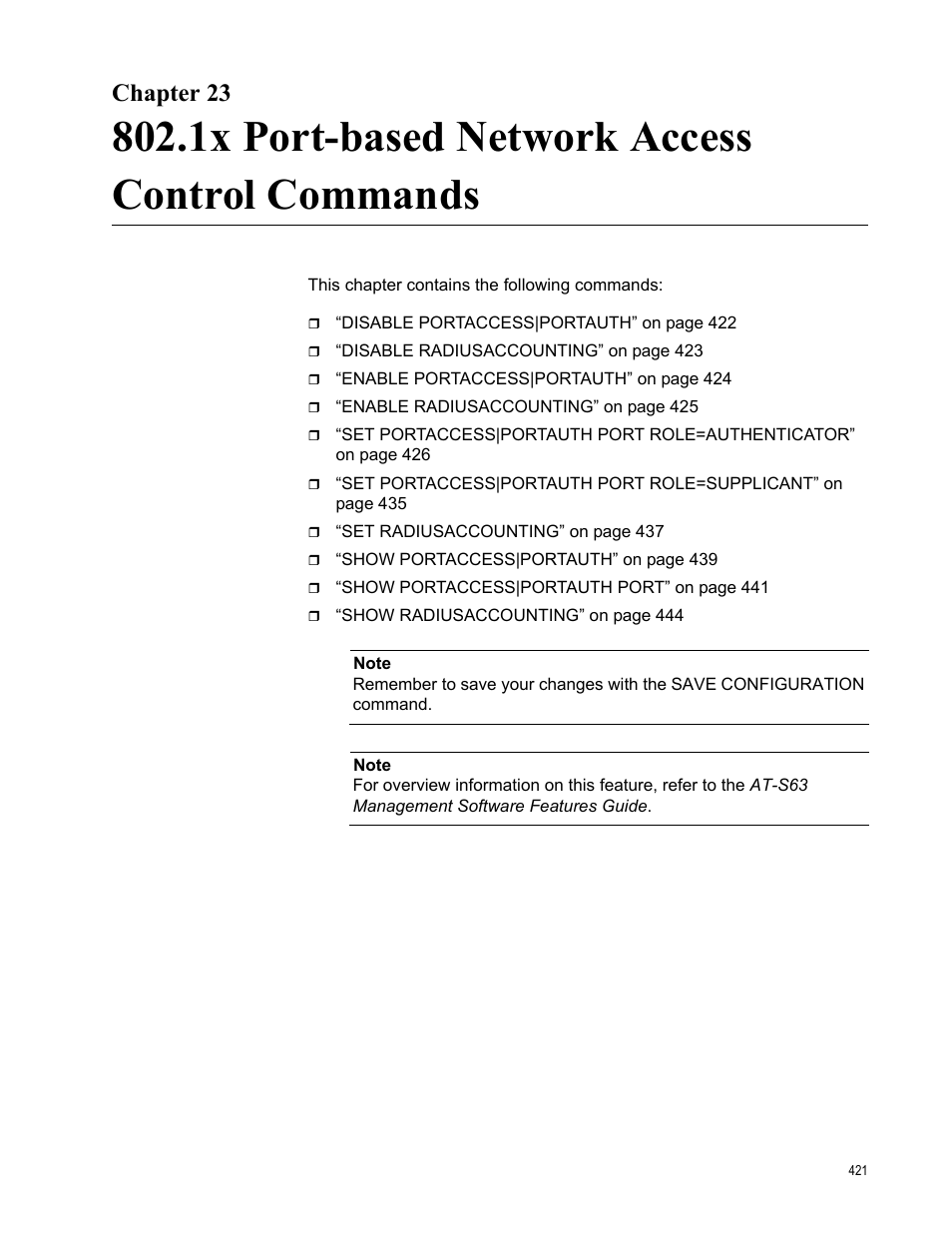 Chapter 23, 1x port-based network access control commands | Allied Telesis AT-S63 User Manual | Page 421 / 468
