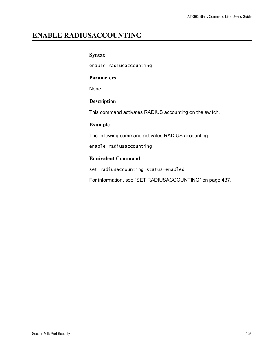 Enable radiusaccounting | Allied Telesis AT-S63 User Manual | Page 425 / 468