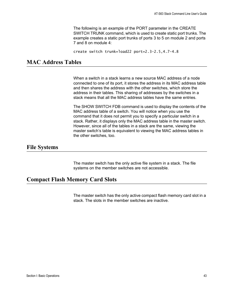 Mac address tables, File systems, Compact flash memory card slots | Allied Telesis AT-S63 User Manual | Page 43 / 468