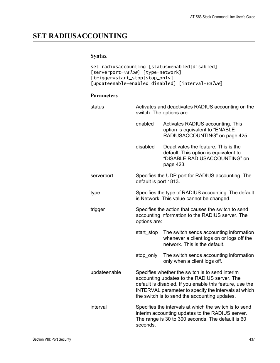 Set radiusaccounting | Allied Telesis AT-S63 User Manual | Page 437 / 468