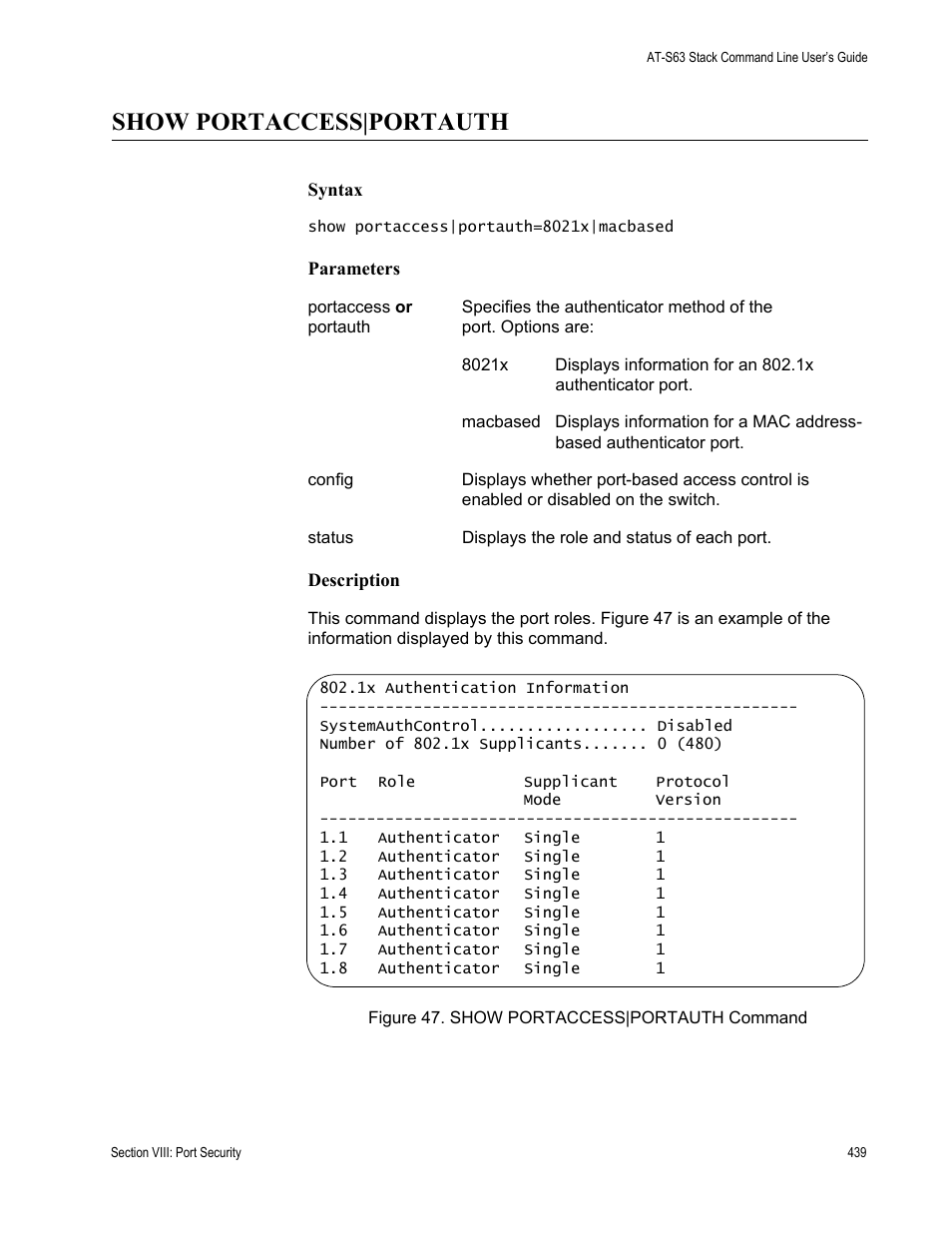 Show portaccess|portauth | Allied Telesis AT-S63 User Manual | Page 439 / 468