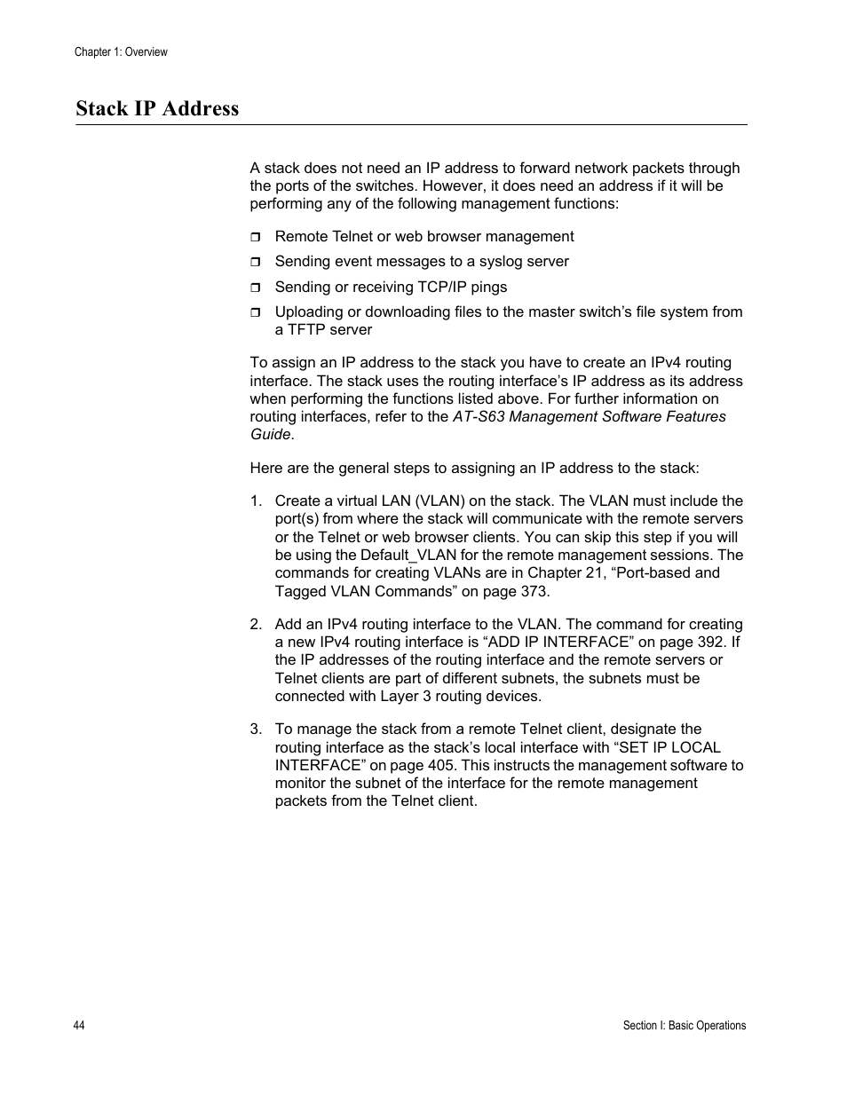 Stack ip address | Allied Telesis AT-S63 User Manual | Page 44 / 468