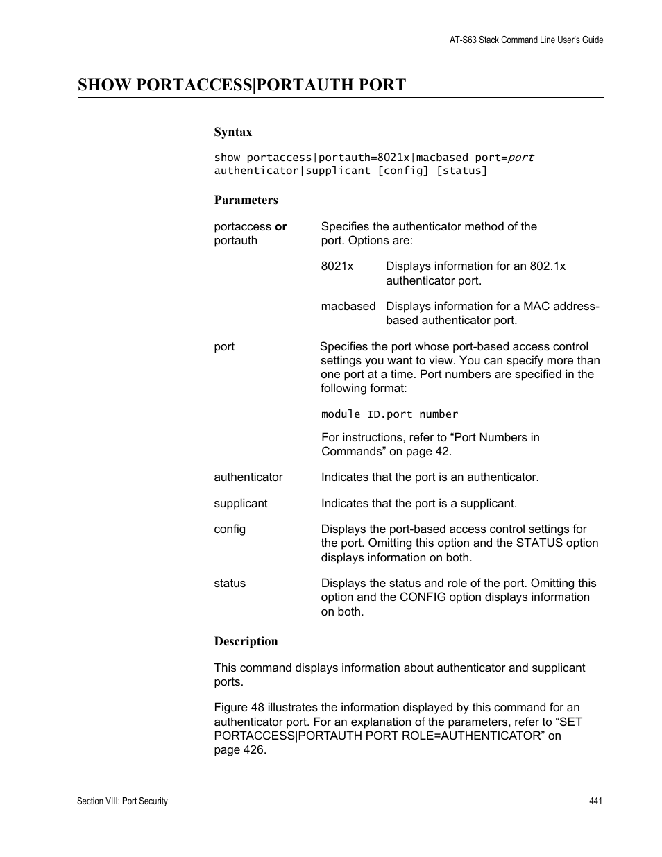 Show portaccess|portauth port | Allied Telesis AT-S63 User Manual | Page 441 / 468
