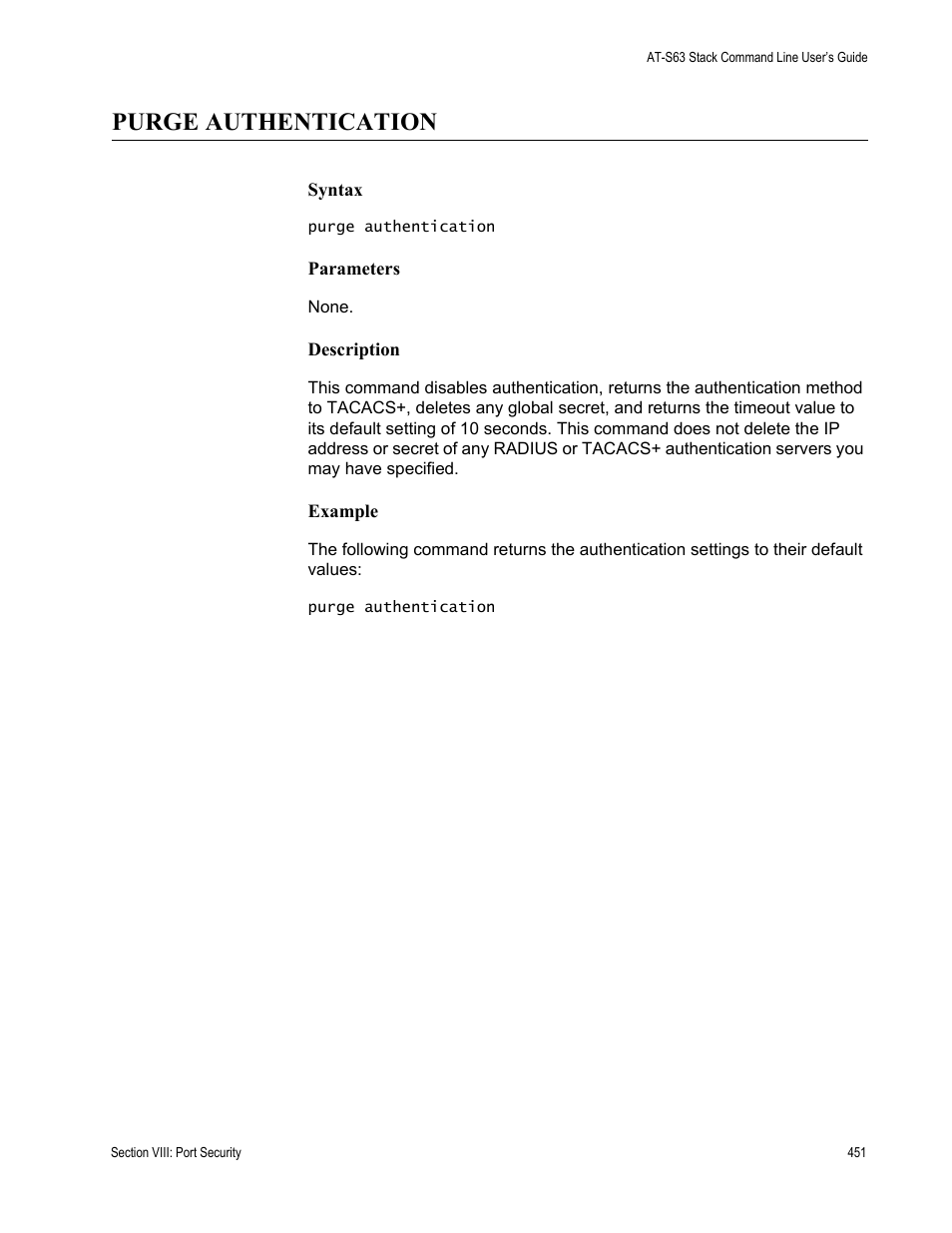 Purge authentication | Allied Telesis AT-S63 User Manual | Page 451 / 468