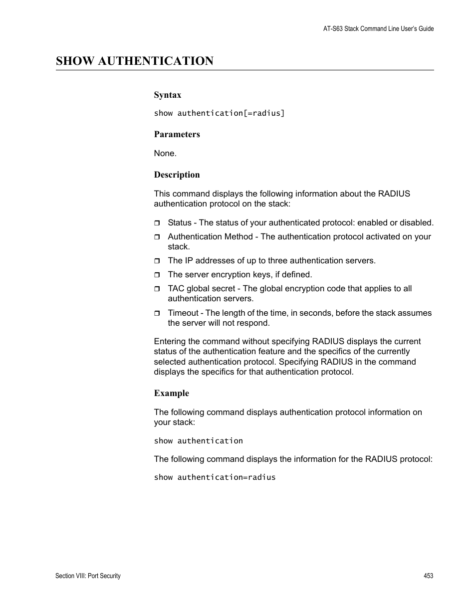 Show authentication | Allied Telesis AT-S63 User Manual | Page 453 / 468