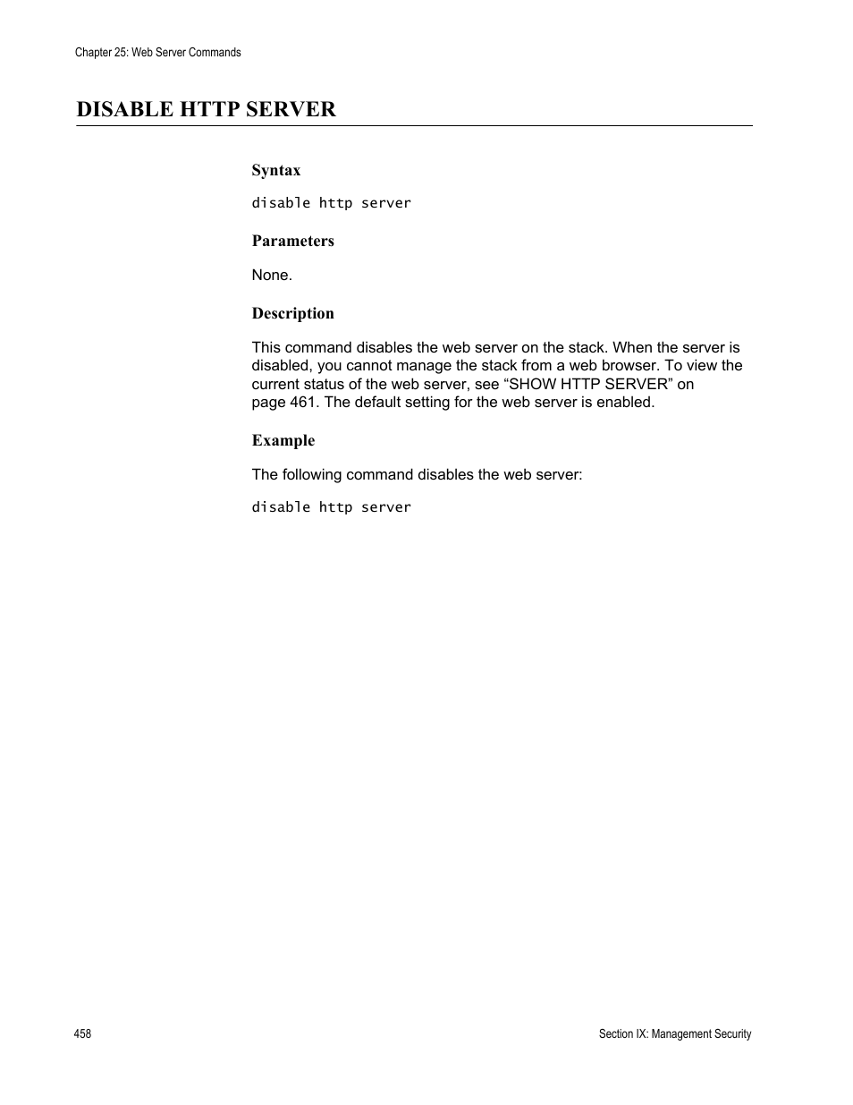 Disable http server | Allied Telesis AT-S63 User Manual | Page 458 / 468