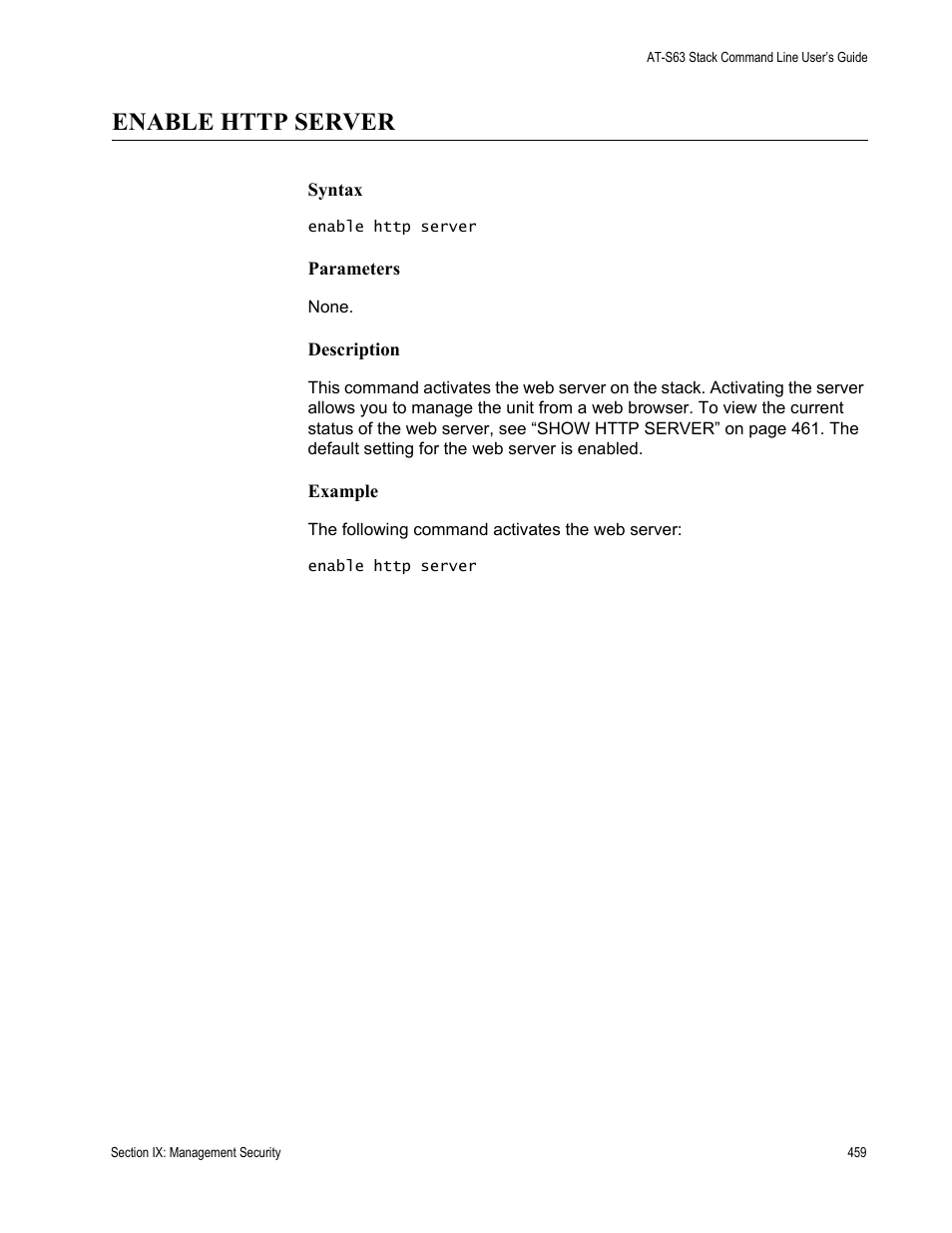 Enable http server | Allied Telesis AT-S63 User Manual | Page 459 / 468