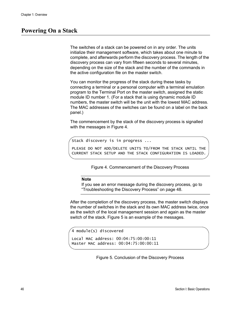 Powering on a stack | Allied Telesis AT-S63 User Manual | Page 46 / 468