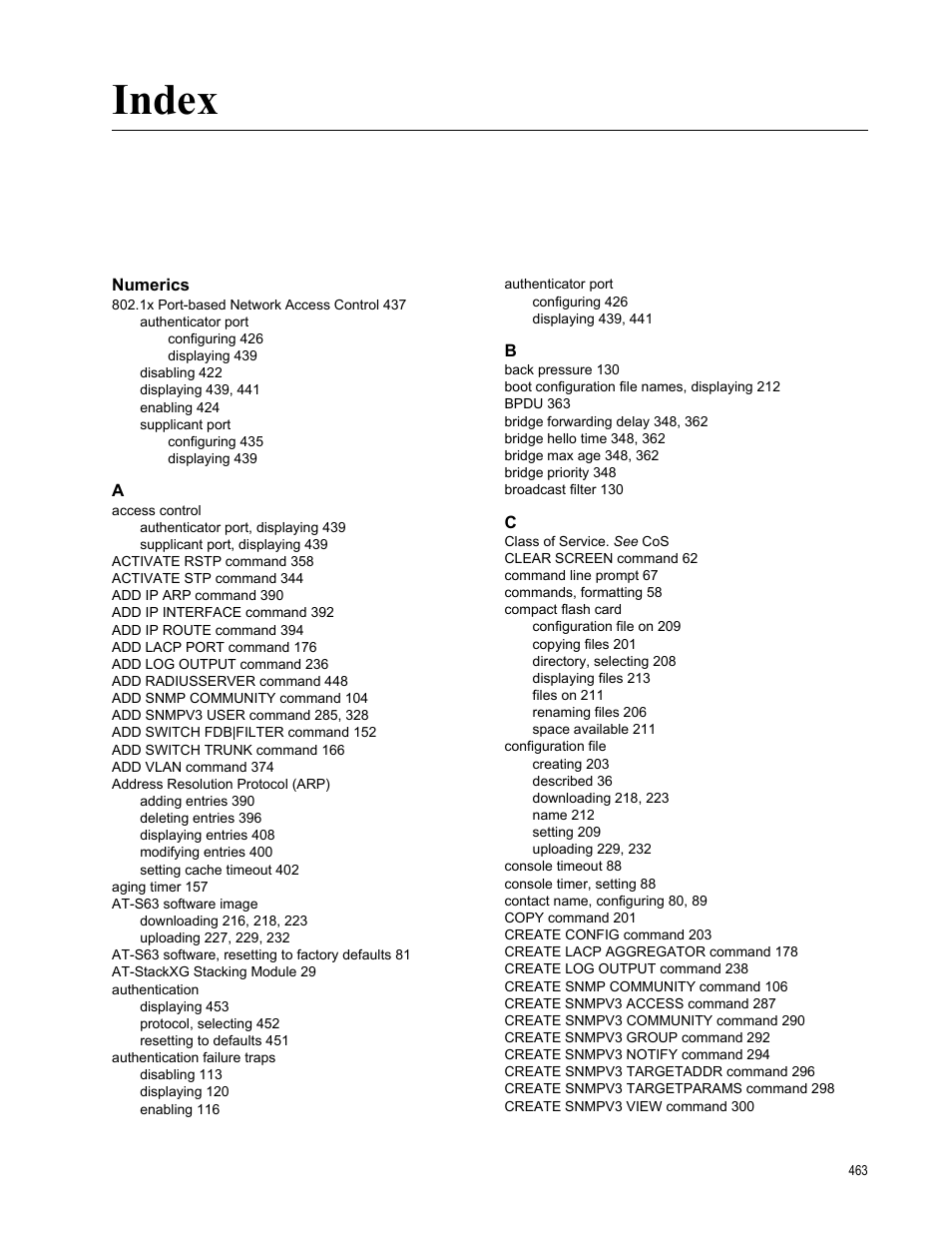 Index, Numerics | Allied Telesis AT-S63 User Manual | Page 463 / 468