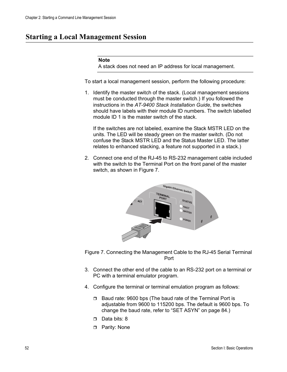 Starting a local management session | Allied Telesis AT-S63 User Manual | Page 52 / 468