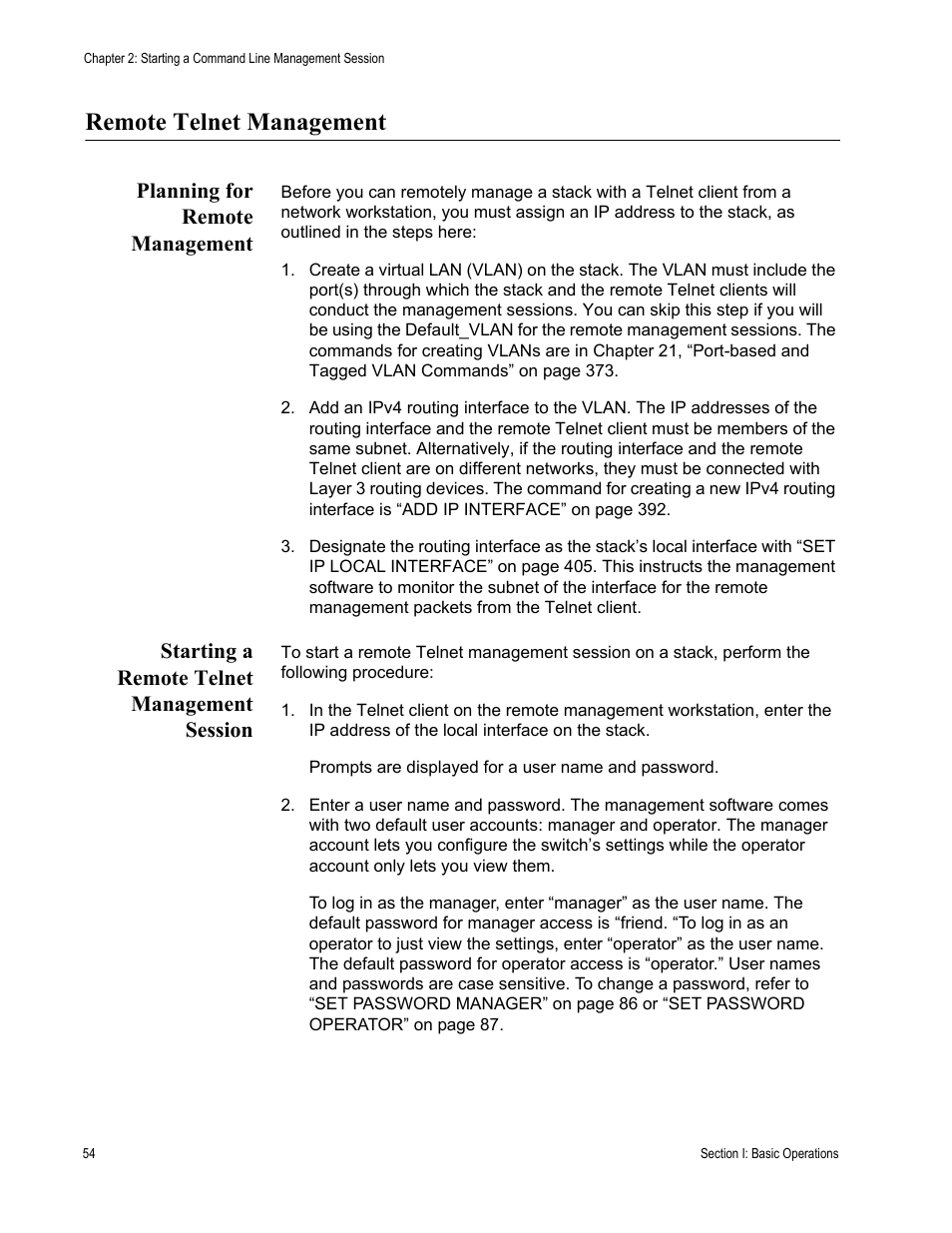 Remote telnet management, Planning for remote management, Starting a remote telnet management session | Allied Telesis AT-S63 User Manual | Page 54 / 468