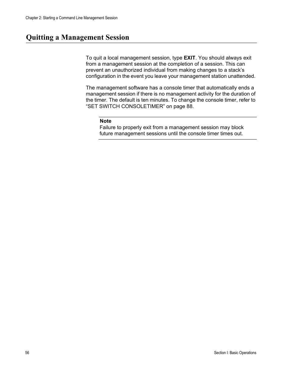 Quitting a management session | Allied Telesis AT-S63 User Manual | Page 56 / 468