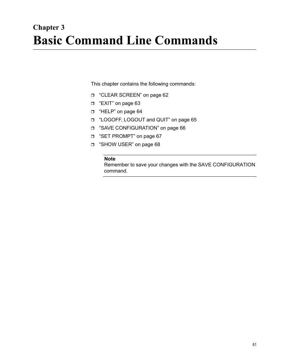 Chapter 3, Basic command line commands, R 3: basic command line commands | Allied Telesis AT-S63 User Manual | Page 61 / 468