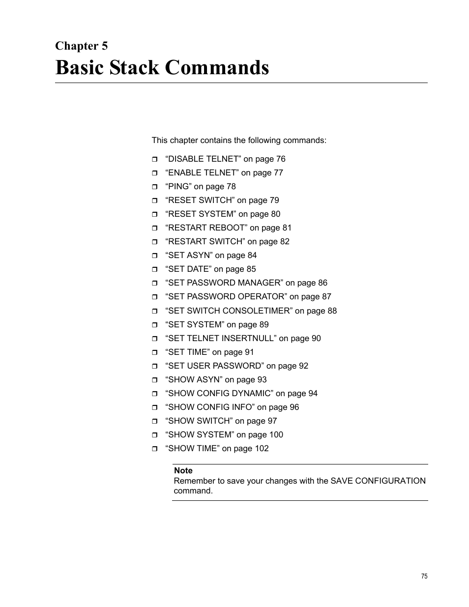 Chapter 5, Basic stack commands | Allied Telesis AT-S63 User Manual | Page 75 / 468