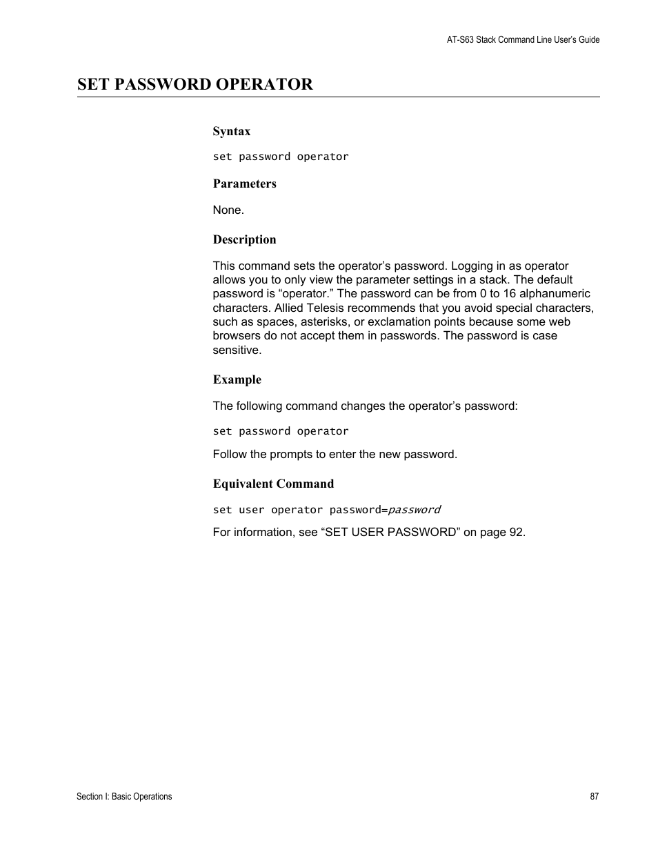 Set password operator | Allied Telesis AT-S63 User Manual | Page 87 / 468
