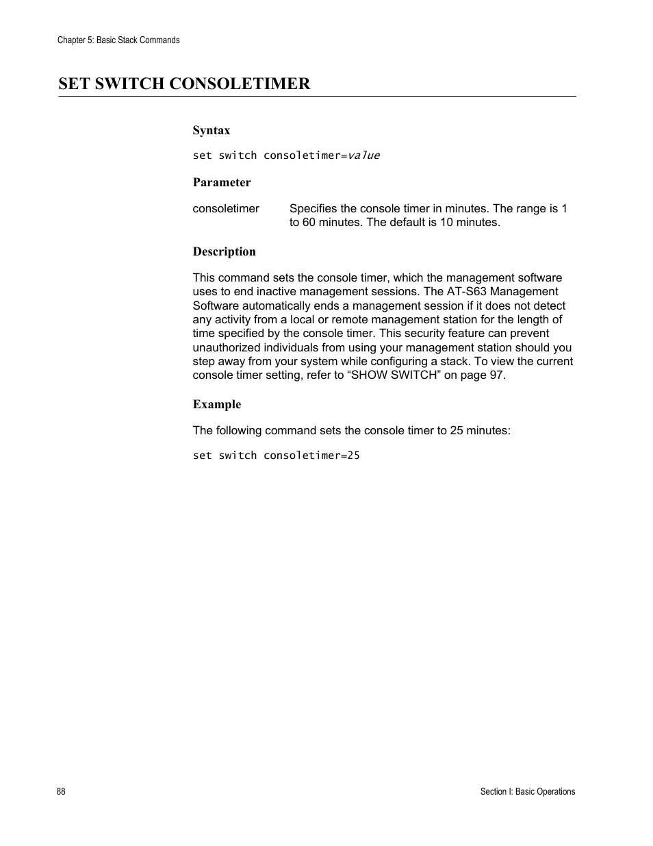 Set switch consoletimer | Allied Telesis AT-S63 User Manual | Page 88 / 468