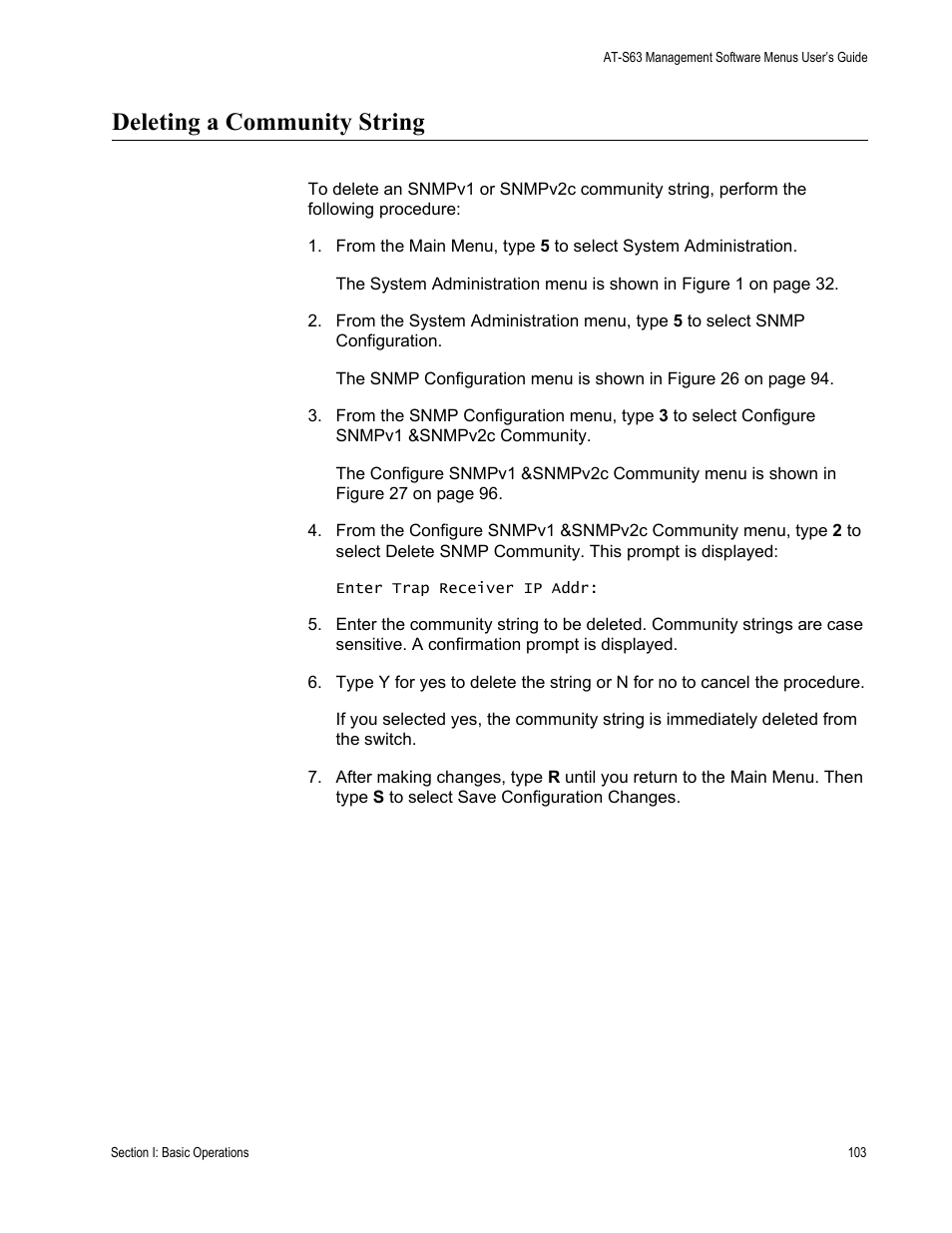 Deleting a community string | Allied Telesis AT-S63 User Manual | Page 103 / 668