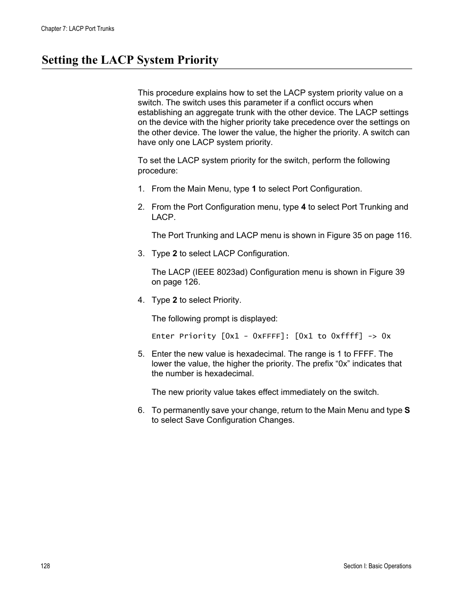 Setting the lacp system priority | Allied Telesis AT-S63 User Manual | Page 128 / 668