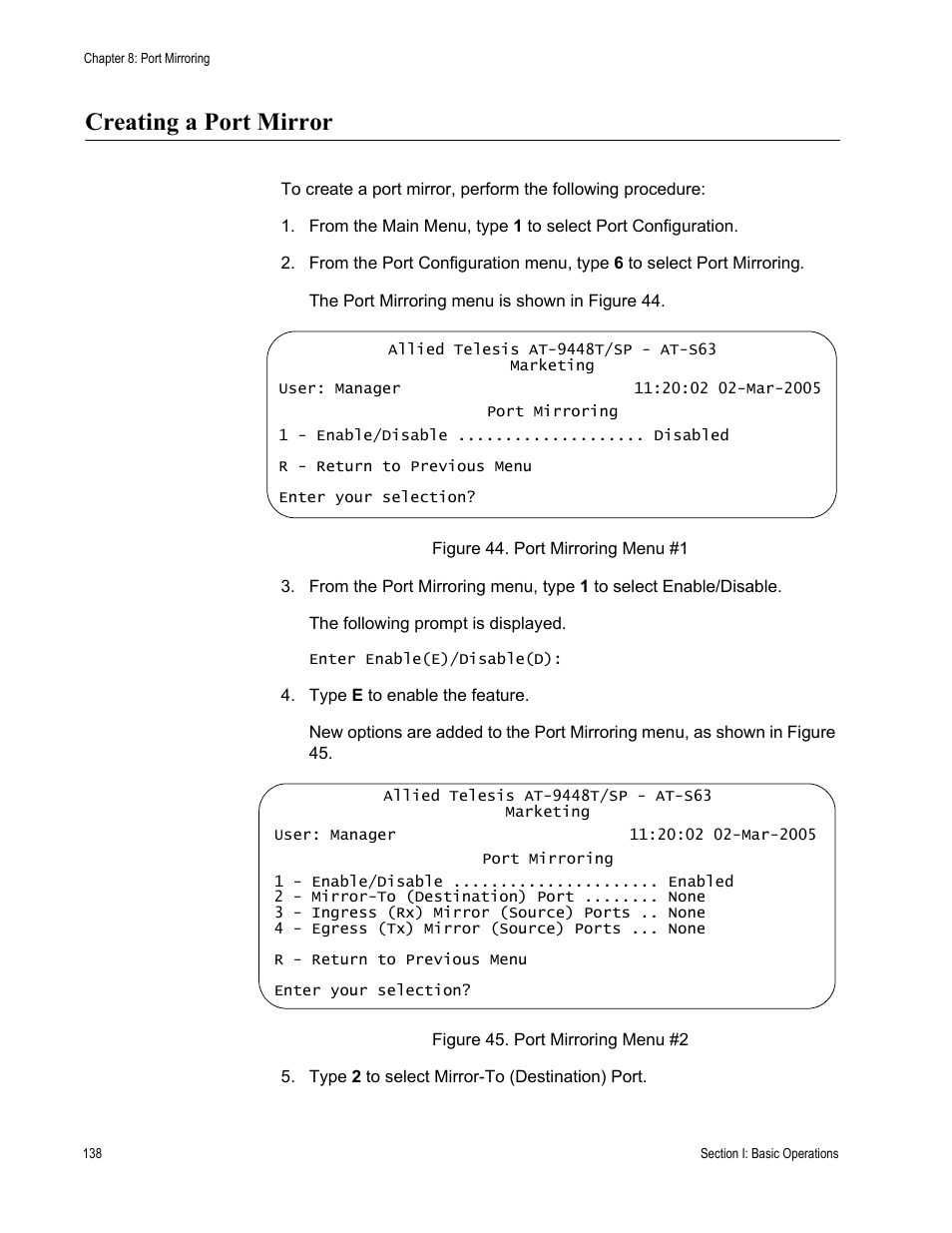 Creating a port mirror | Allied Telesis AT-S63 User Manual | Page 138 / 668