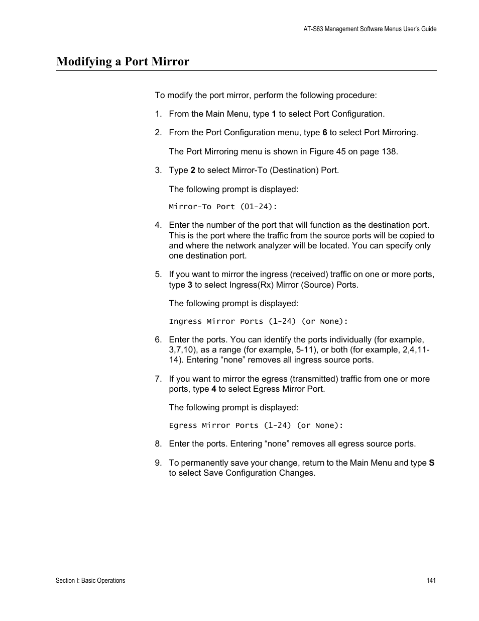 Modifying a port mirror | Allied Telesis AT-S63 User Manual | Page 141 / 668