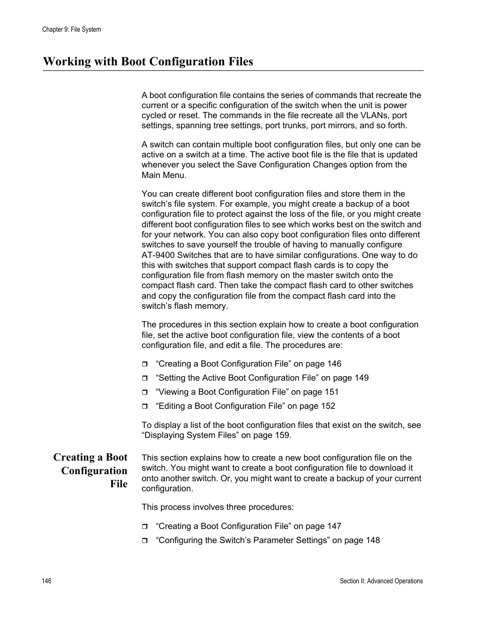 Working with boot configuration files, Creating a boot configuration file | Allied Telesis AT-S63 User Manual | Page 146 / 668