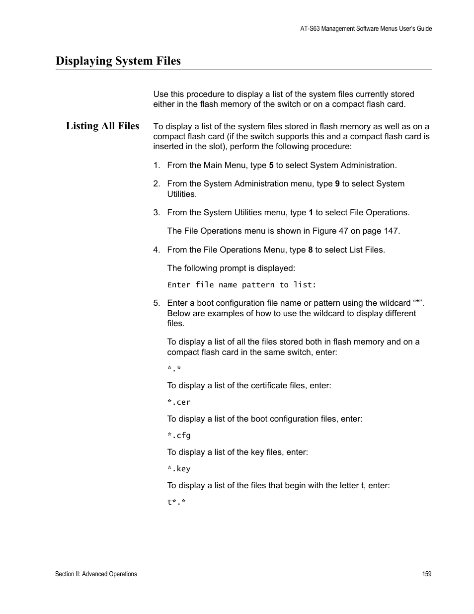 Displaying system files, Listing all files | Allied Telesis AT-S63 User Manual | Page 159 / 668