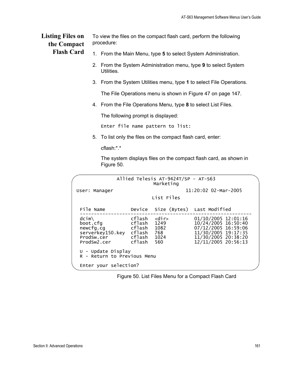 Listing files on the compact flash card, List files menu for a compact flash card | Allied Telesis AT-S63 User Manual | Page 161 / 668