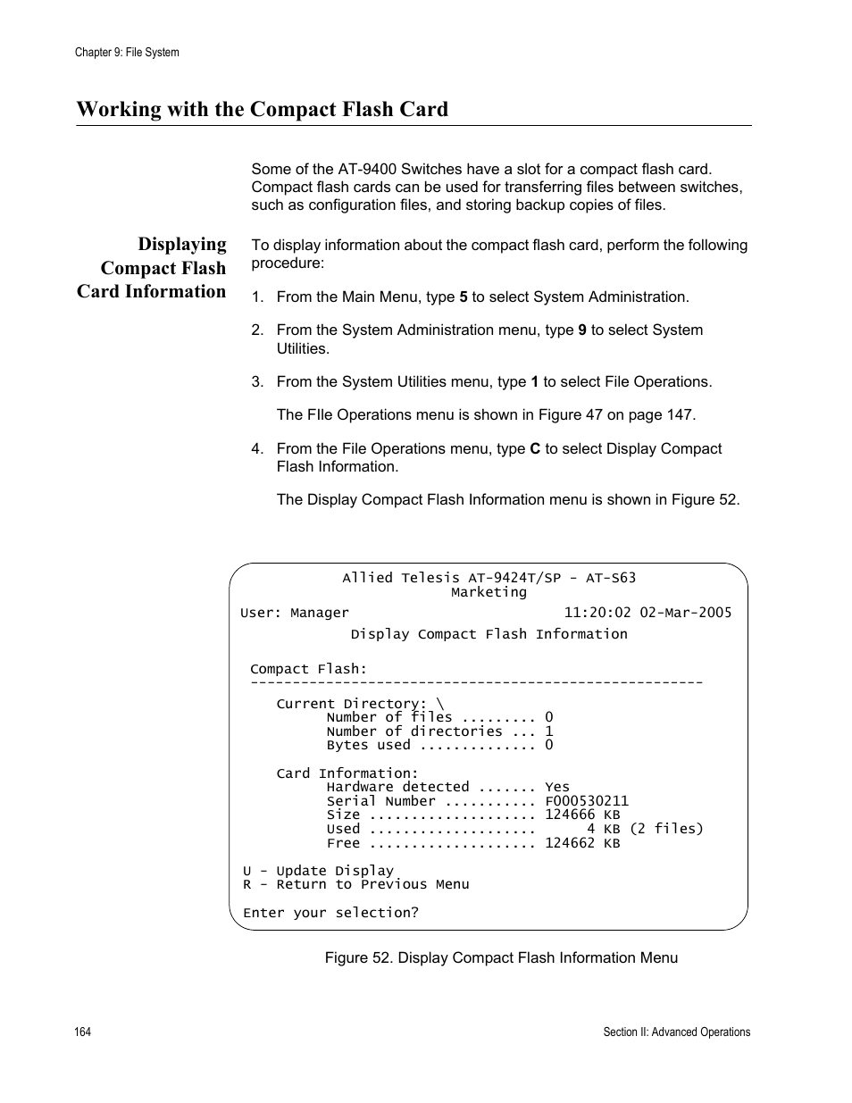 Working with the compact flash card, Displaying compact flash card information, Figure 52: display compact flash information menu | Allied Telesis AT-S63 User Manual | Page 164 / 668