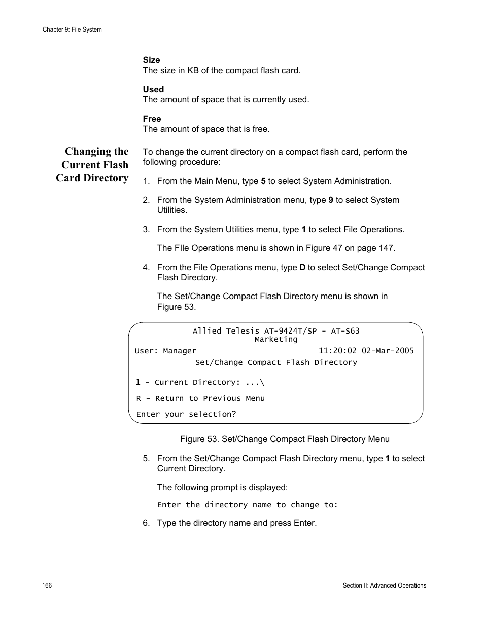 Changing the current flash card directory, Figure 53: set/change compact flash directory menu | Allied Telesis AT-S63 User Manual | Page 166 / 668