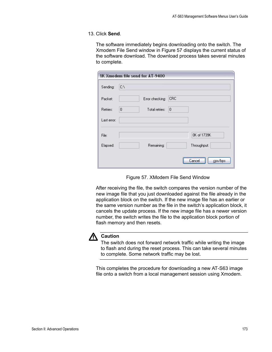Figure 57: xmodem file send window | Allied Telesis AT-S63 User Manual | Page 173 / 668