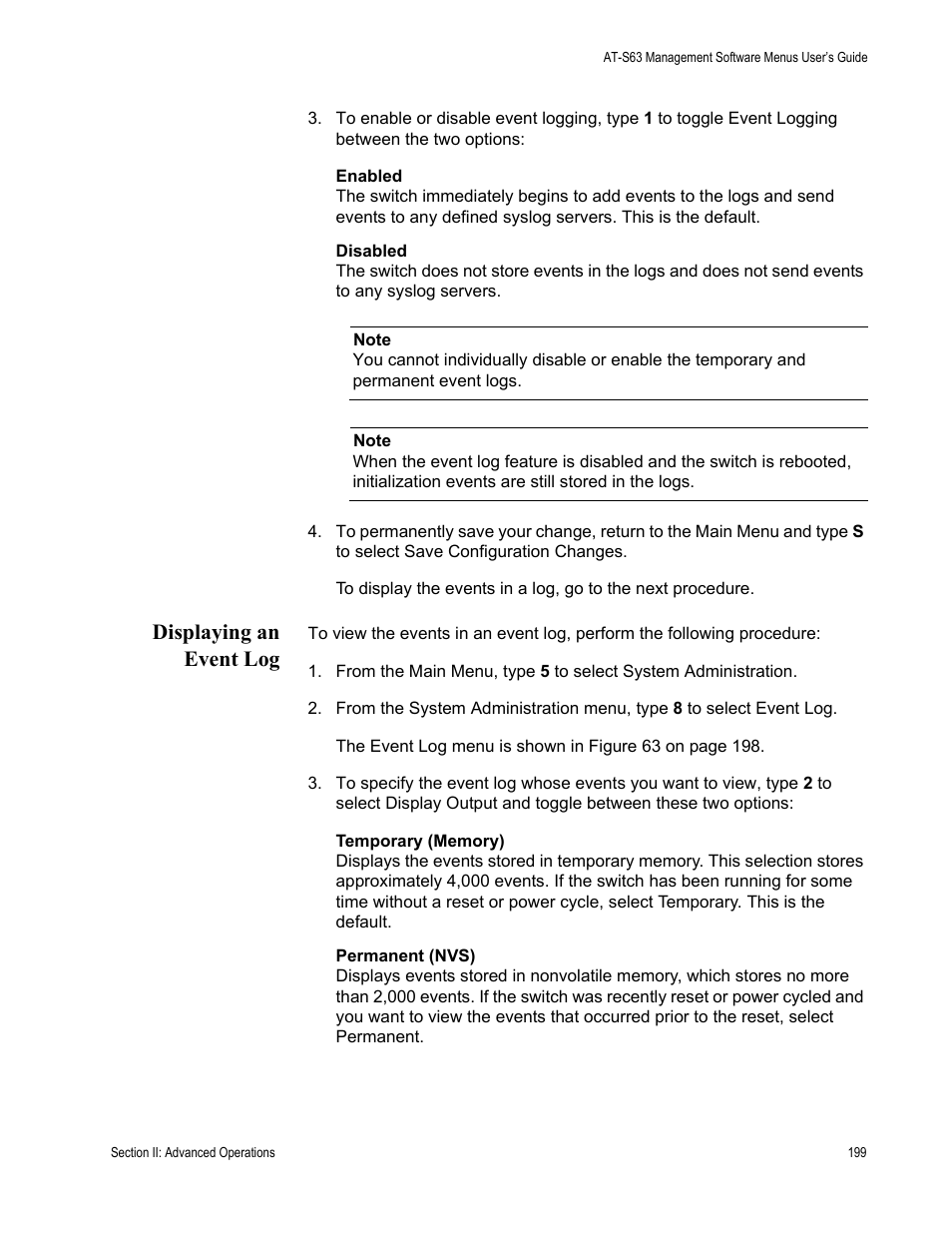 Displaying an event log | Allied Telesis AT-S63 User Manual | Page 199 / 668