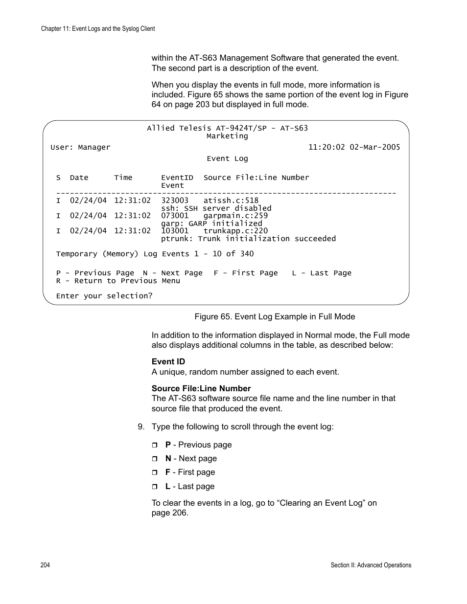 Figure 65: event log example in full mode | Allied Telesis AT-S63 User Manual | Page 204 / 668