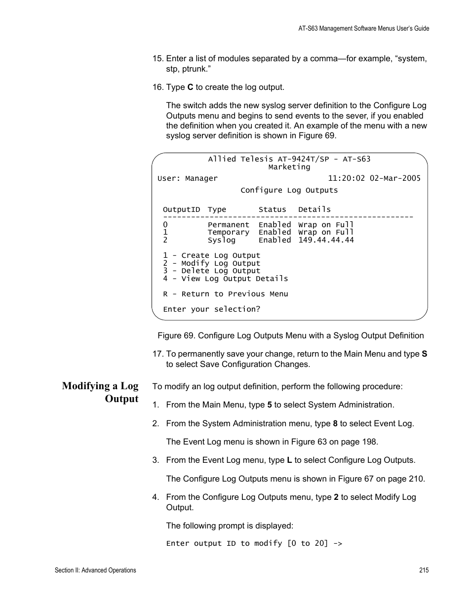 Modifying a log output | Allied Telesis AT-S63 User Manual | Page 215 / 668