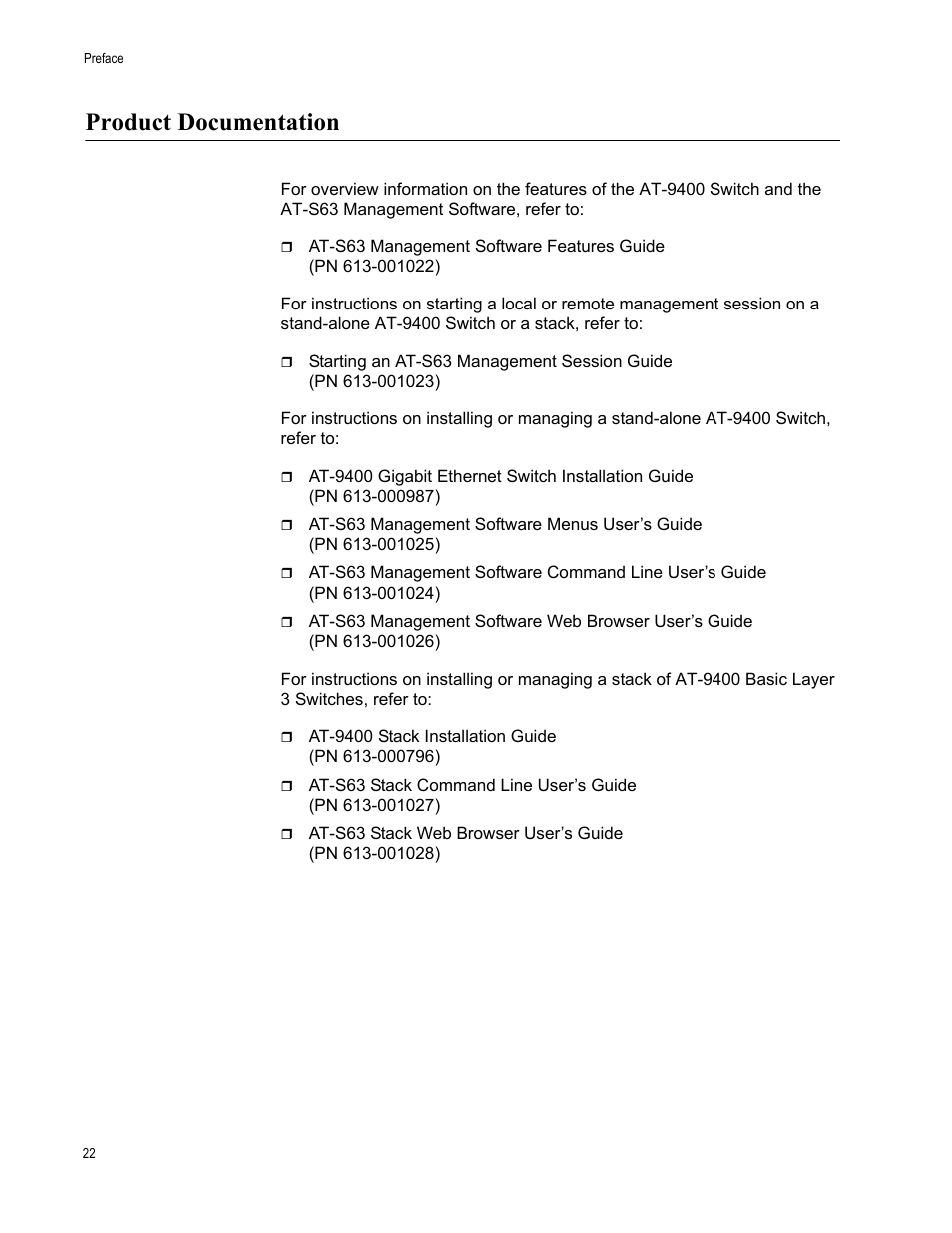 Product documentation | Allied Telesis AT-S63 User Manual | Page 22 / 668