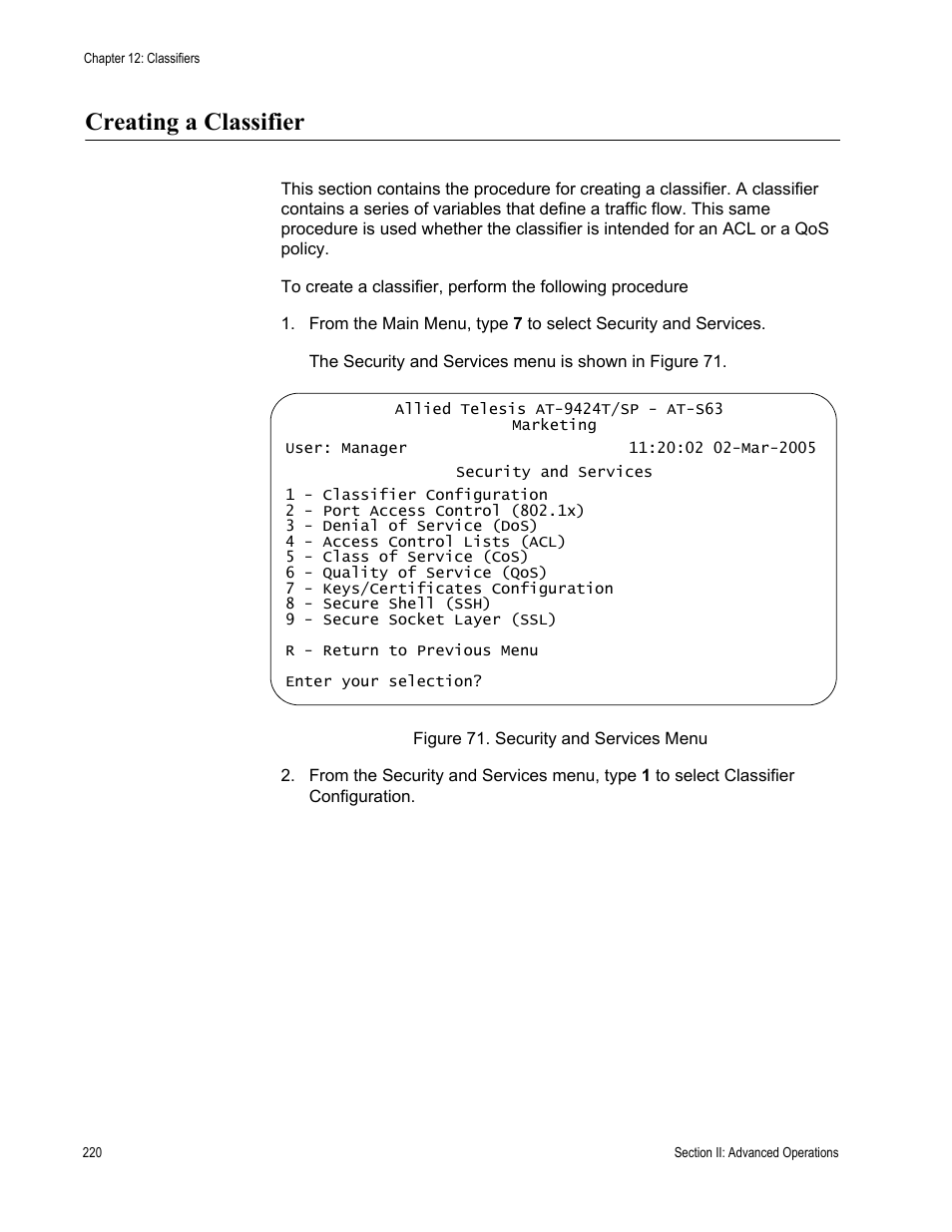 Creating a classifier, Figure 71: security and services menu | Allied Telesis AT-S63 User Manual | Page 220 / 668