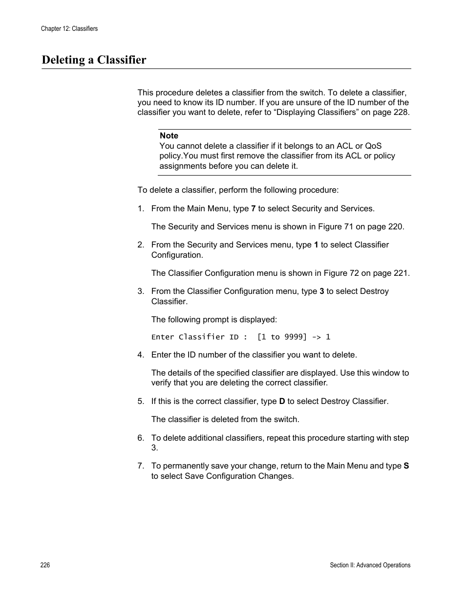 Deleting a classifier | Allied Telesis AT-S63 User Manual | Page 226 / 668