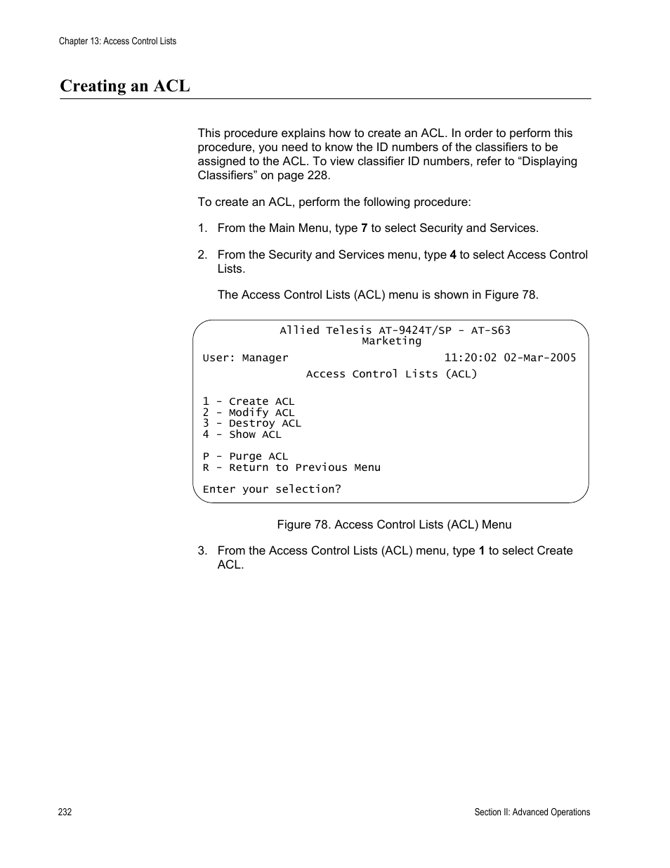 Creating an acl, Figure 78: access control lists (acl) menu, Creating an acl” on | Allied Telesis AT-S63 User Manual | Page 232 / 668