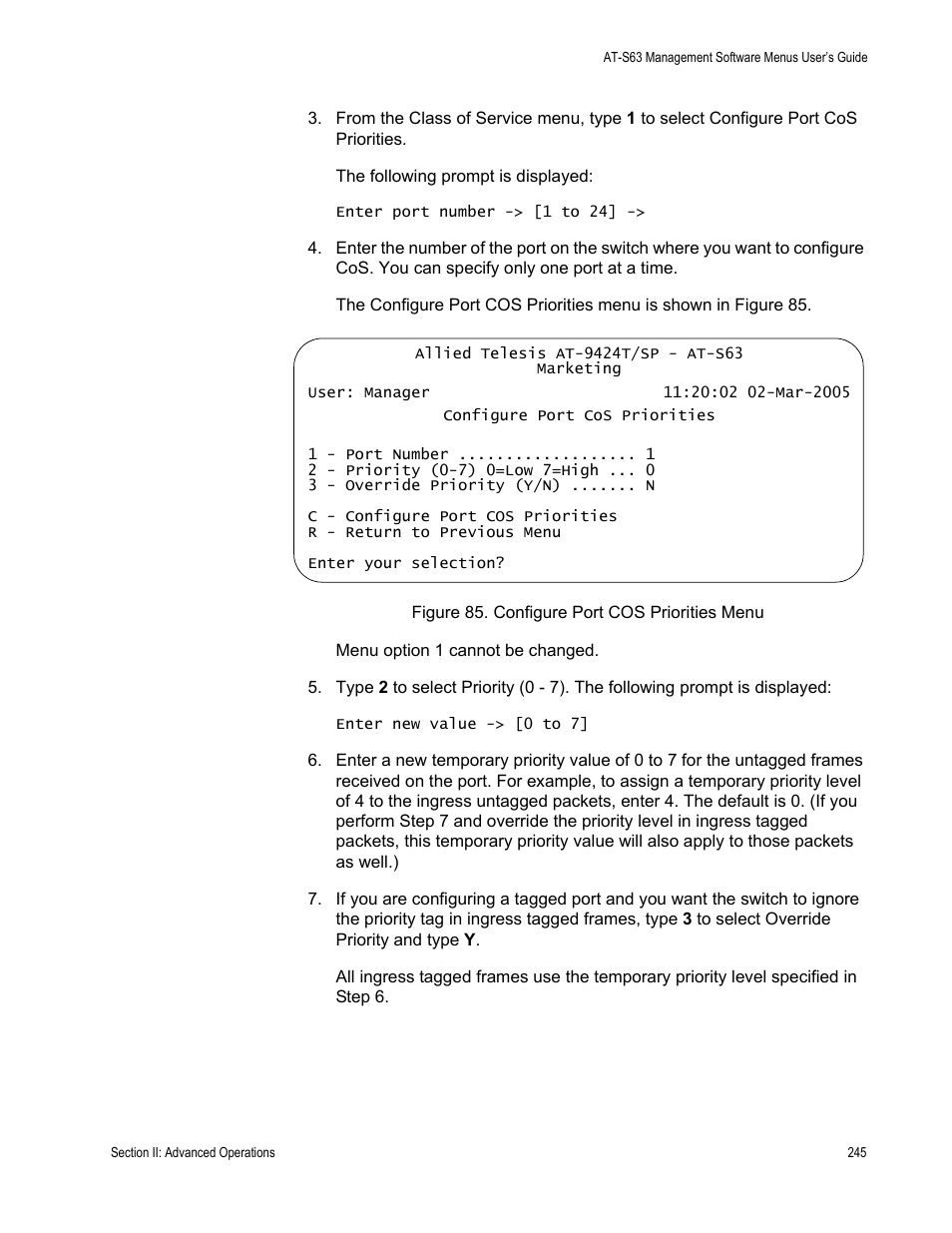 Figure 85: configure port cos priorities menu | Allied Telesis AT-S63 User Manual | Page 245 / 668