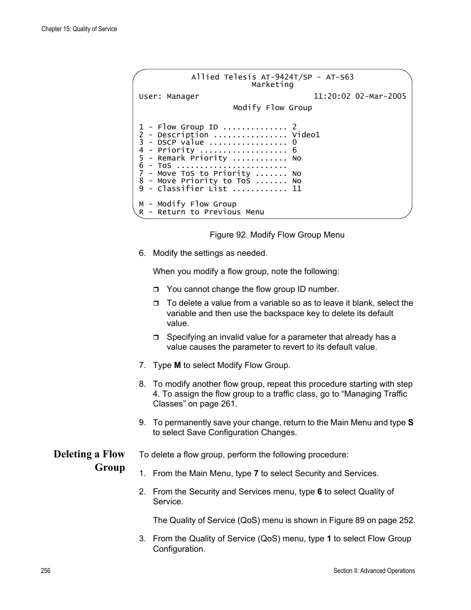 Deleting a flow group, Figure 92: modify flow group menu, Figure 92 | Allied Telesis AT-S63 User Manual | Page 256 / 668