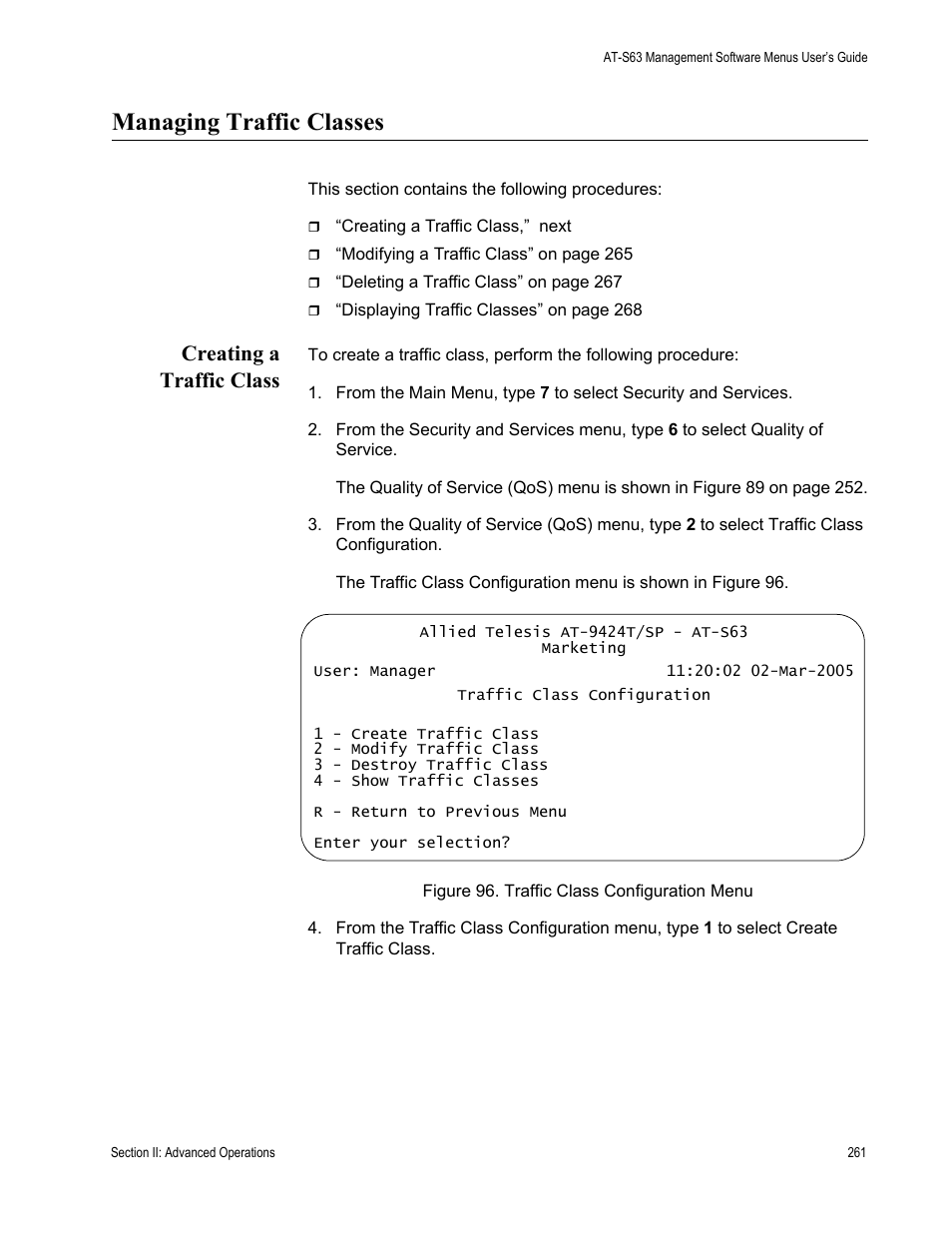 Managing traffic classes, Creating a traffic class, Figure 96: traffic class configuration menu | Allied Telesis AT-S63 User Manual | Page 261 / 668