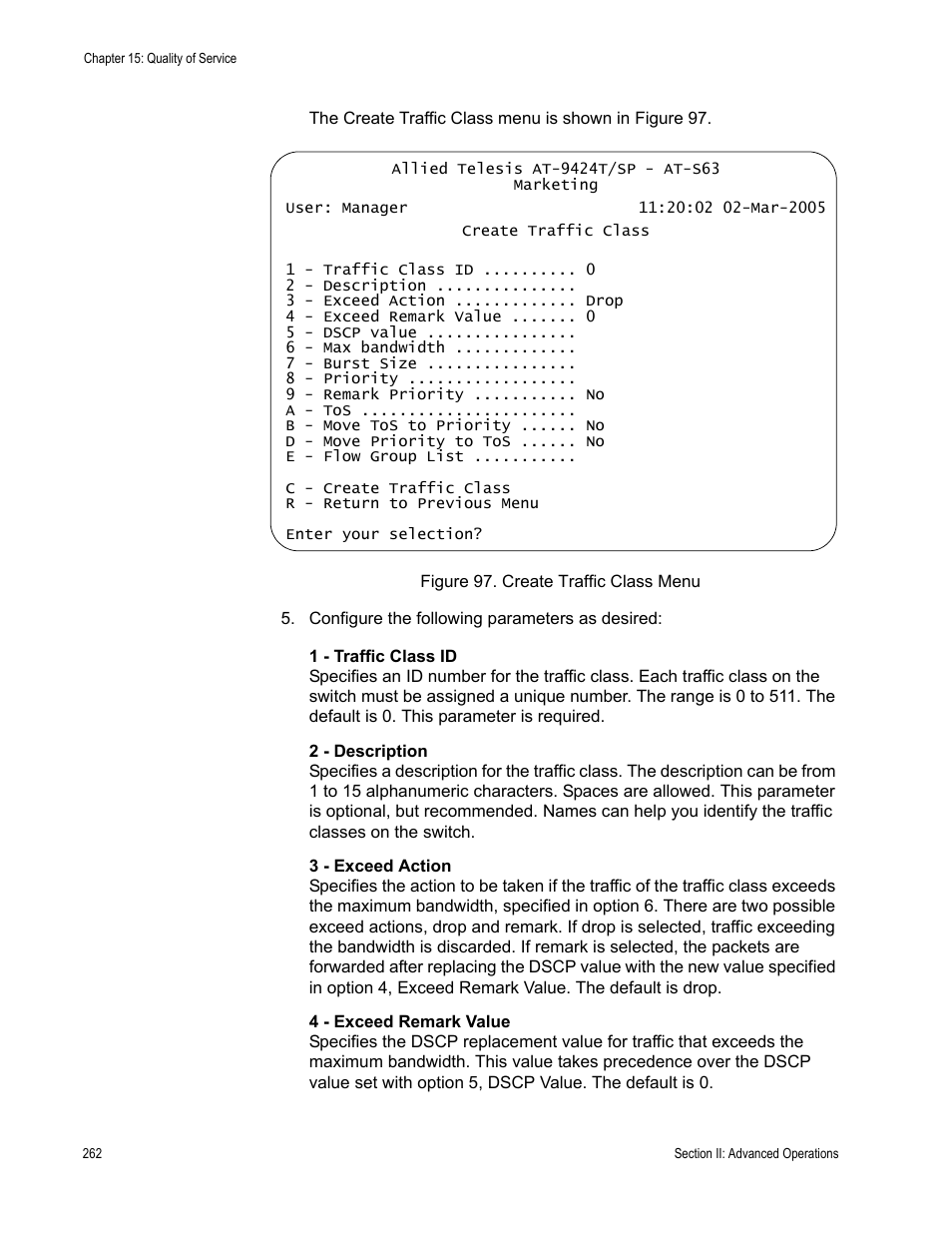 Figure 97: create traffic class menu | Allied Telesis AT-S63 User Manual | Page 262 / 668