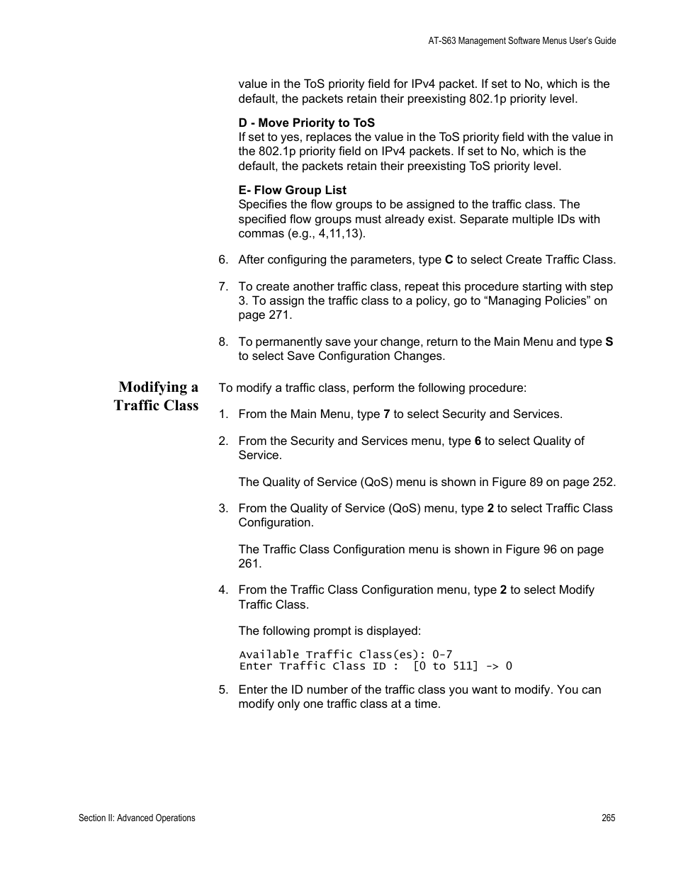 Modifying a traffic class | Allied Telesis AT-S63 User Manual | Page 265 / 668