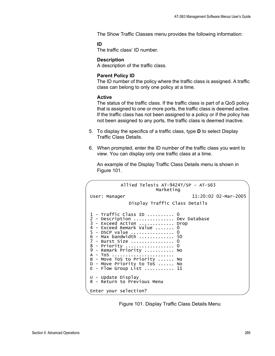 Figure 101: display traffic class details menu | Allied Telesis AT-S63 User Manual | Page 269 / 668