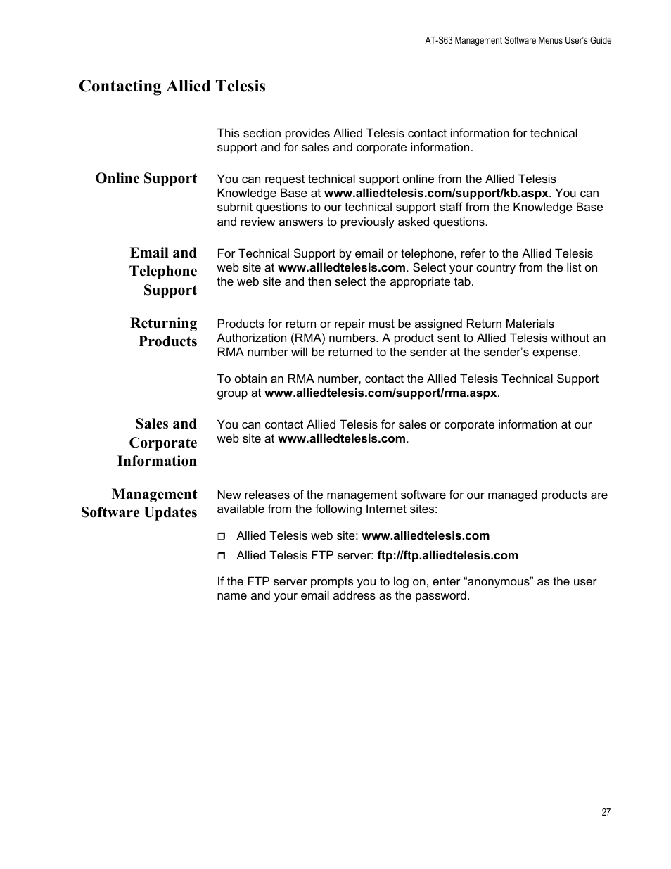 Contacting allied telesis, Online support, Email and telephone support | Returning products, Sales and corporate information, Management software updates | Allied Telesis AT-S63 User Manual | Page 27 / 668