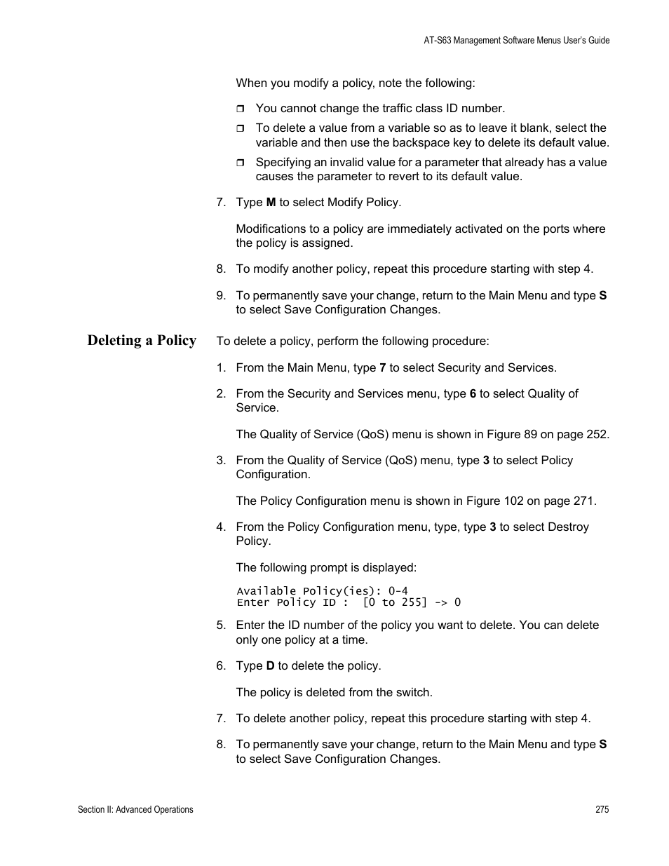 Deleting a policy | Allied Telesis AT-S63 User Manual | Page 275 / 668
