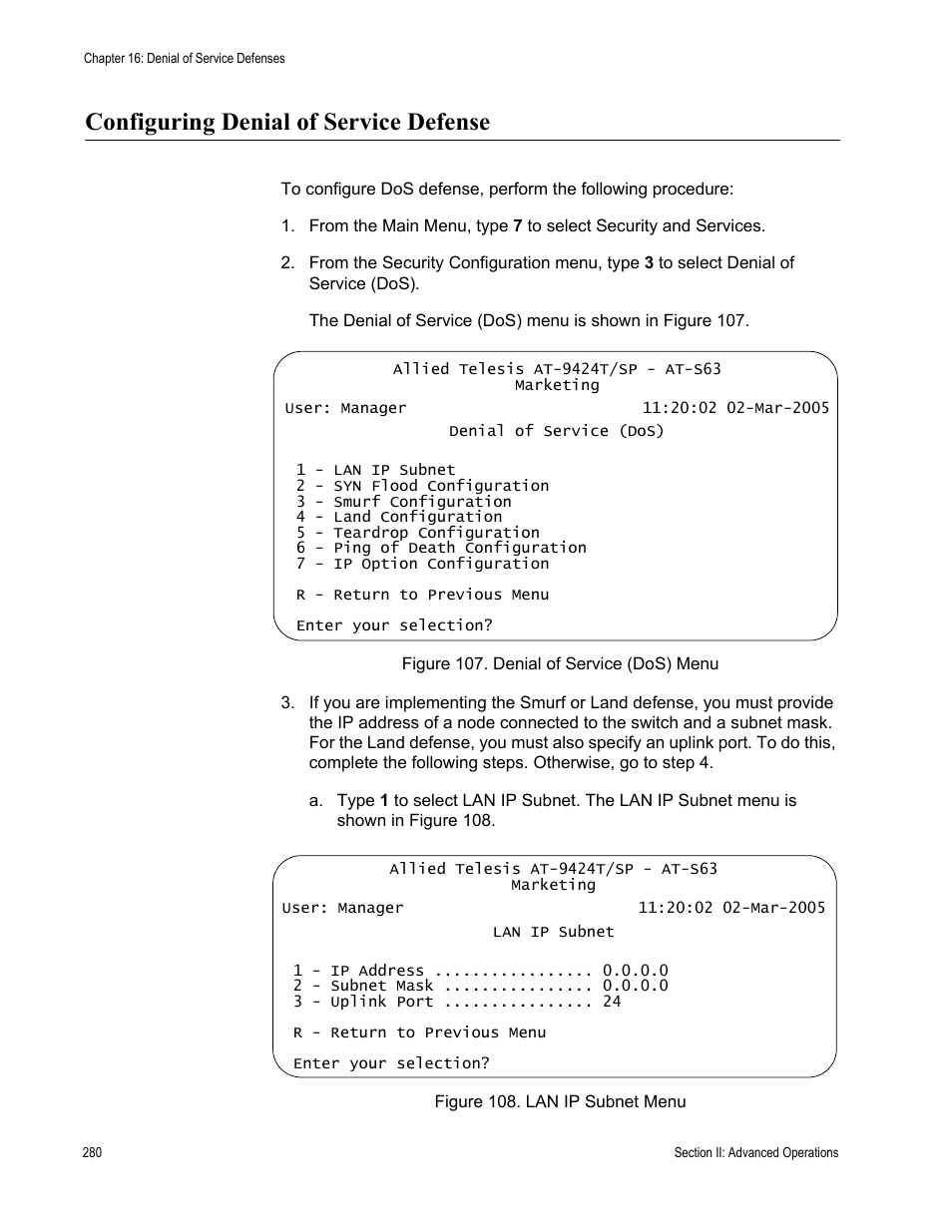Configuring denial of service defense | Allied Telesis AT-S63 User Manual | Page 280 / 668