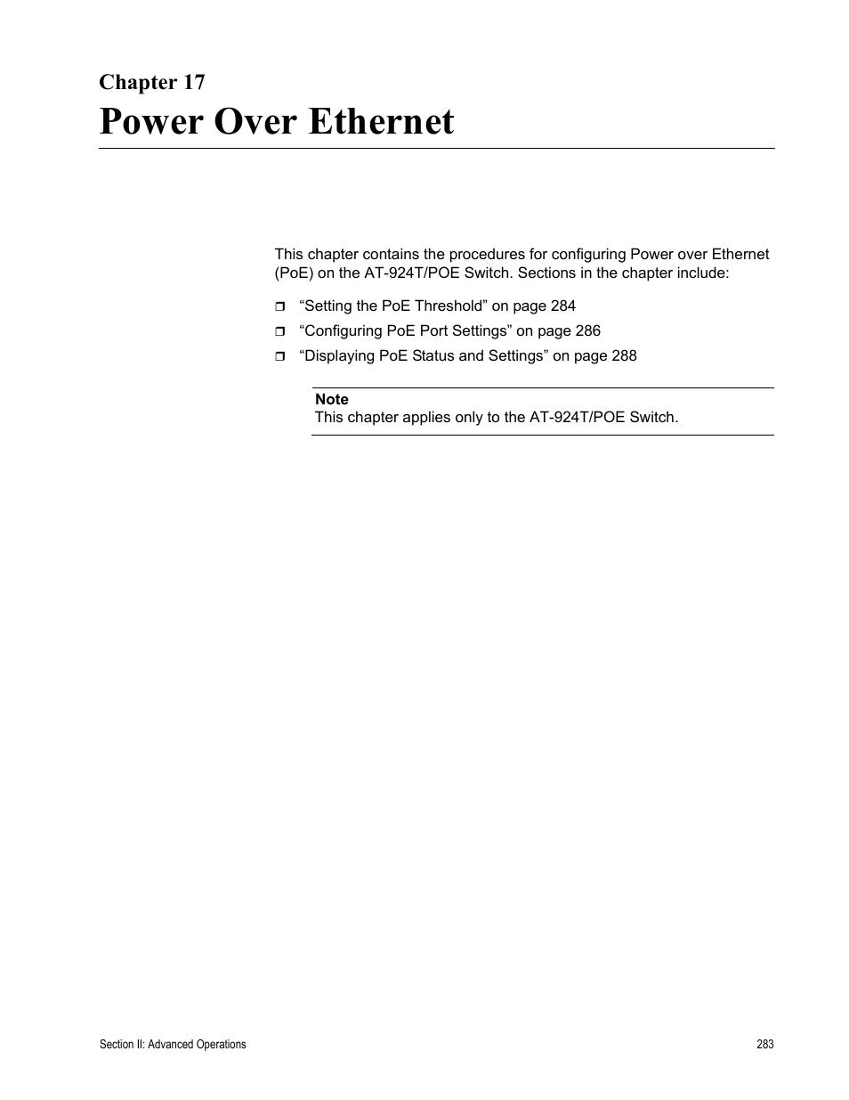 Chapter 17, Power over ethernet | Allied Telesis AT-S63 User Manual | Page 283 / 668