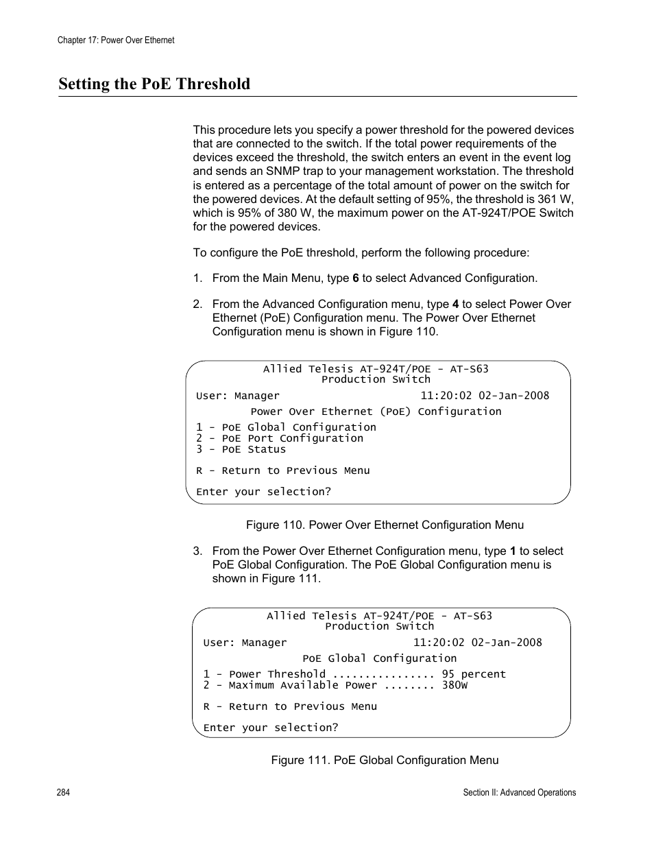 Setting the poe threshold, Power over ethernet configuration menu, Figure 111: poe global configuration menu | Allied Telesis AT-S63 User Manual | Page 284 / 668