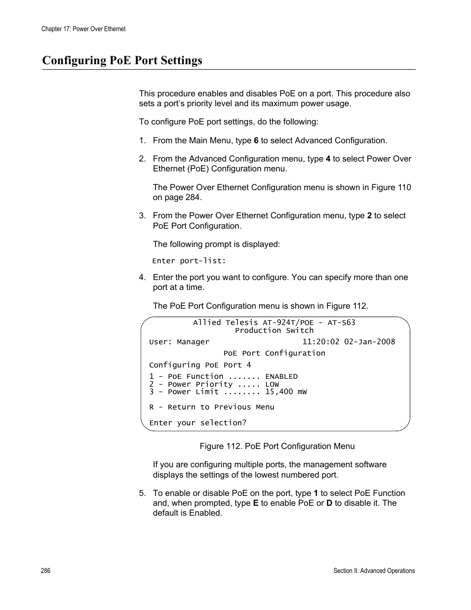 Configuring poe port settings, Figure 112: poe port configuration menu | Allied Telesis AT-S63 User Manual | Page 286 / 668